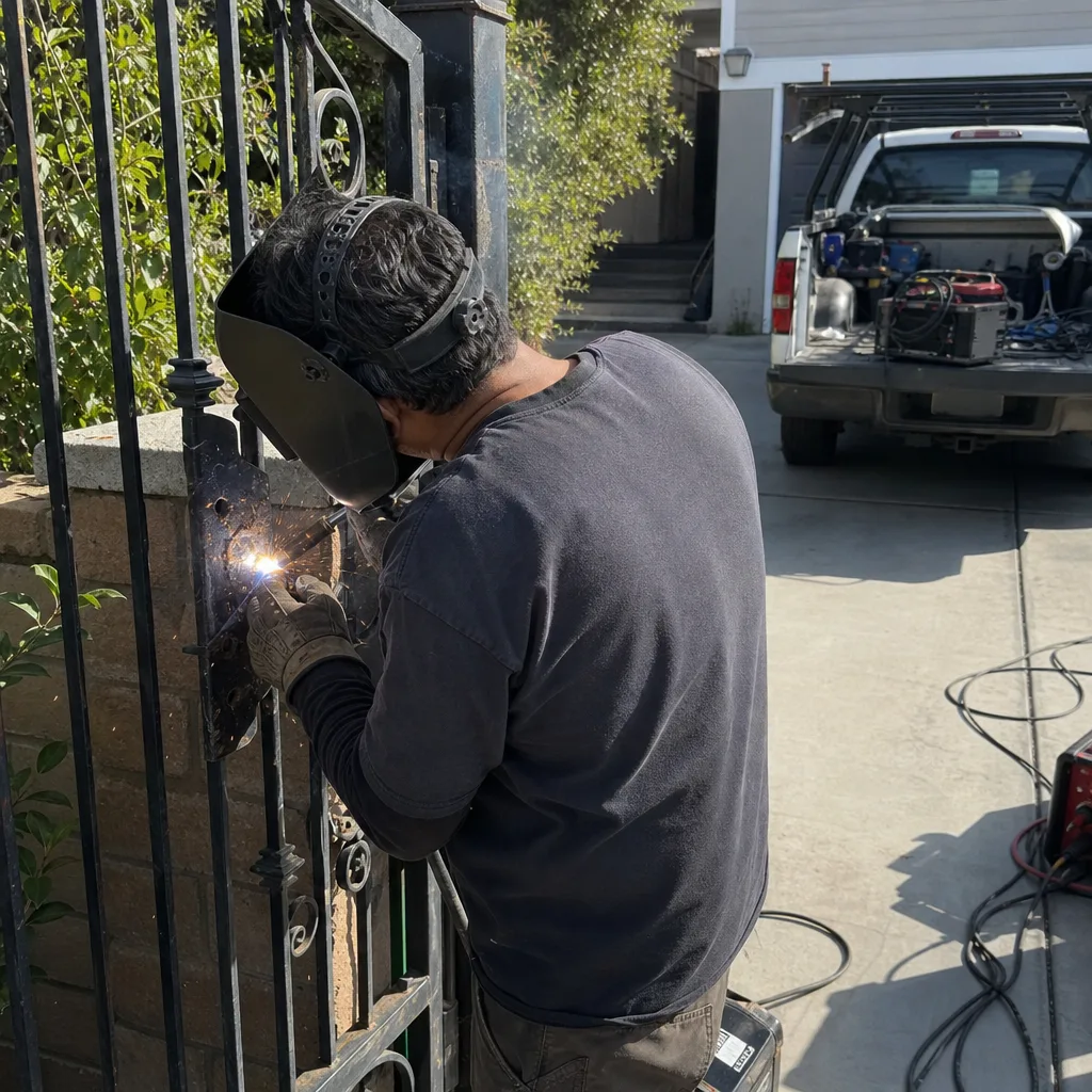 Professional welder performing metal gate repair with arc welding equipment