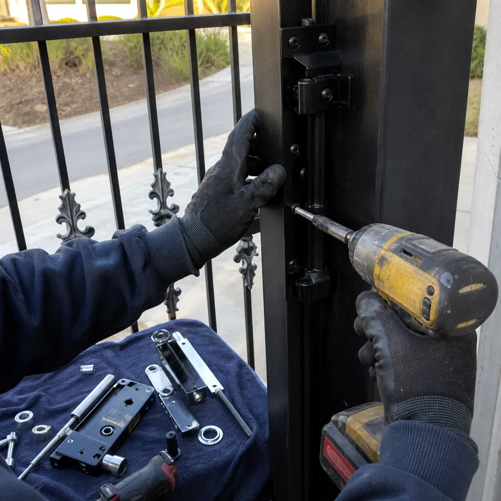 Technician using power drill for professional metal gate repair and installation
