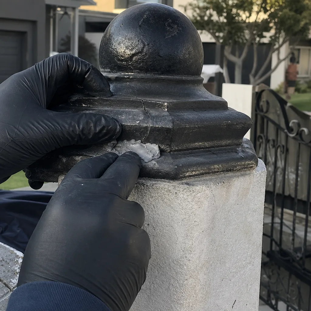 Professional technician repairing a cracked metal fence gate post finial